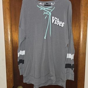 Miss Chievous Gray Lace-Up 'Vibes' Sweatshirt with Mint Accent